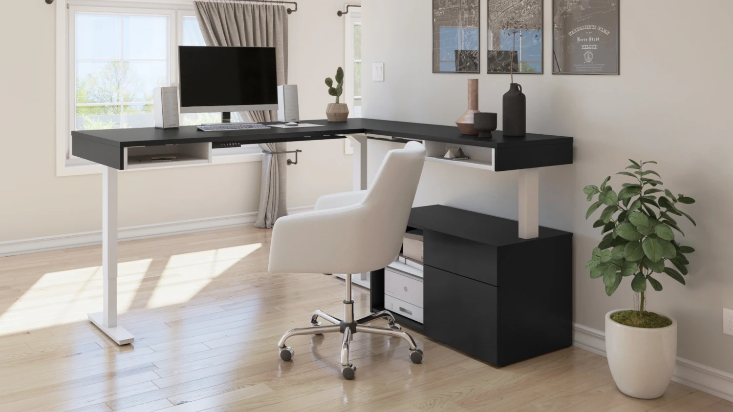 72" L-Shaped Adjustable Ergonomic Desk With Small Credenza In Black & White 1 72" L-Shaped Adjustable Ergonomic Desk With Small Credenza In Black & White