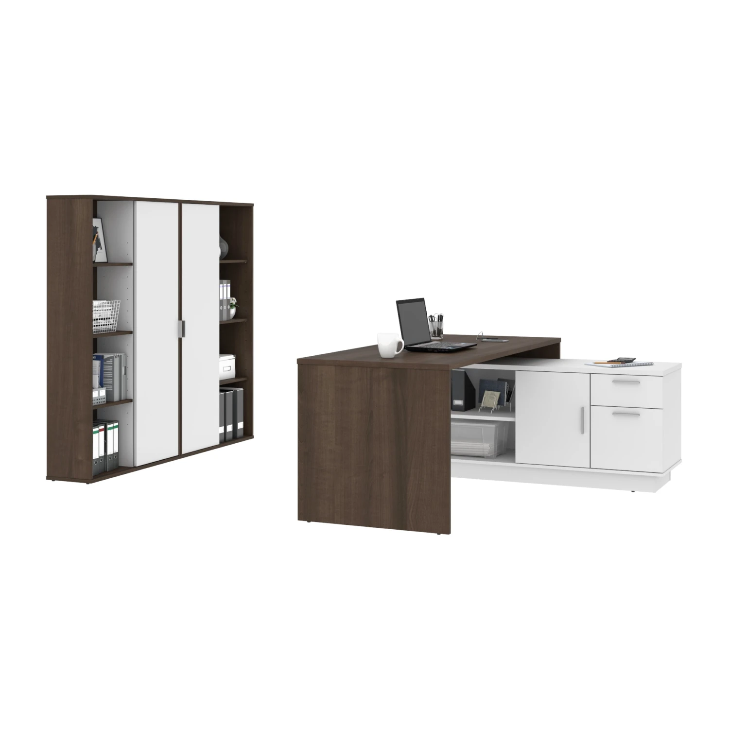 72" L-Shaped Executive Desk With Storage Cabinets In Antigua & White 2 72" L-Shaped Executive Desk With Storage Cabinets In Antigua & White - Image 2