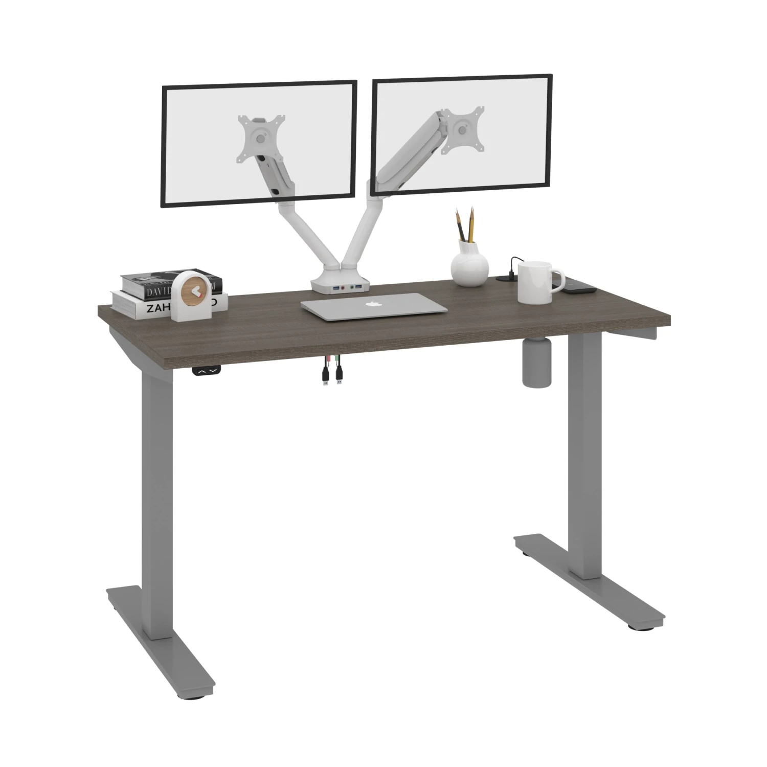 48" Twin Monitor Adjustable Desk In Bark Gray/Light Gray 2 48" Twin Monitor Adjustable Desk In Bark Gray/Light Gray - Image 2