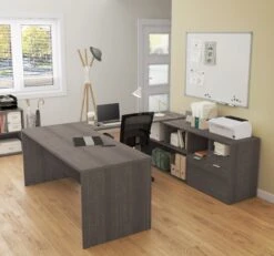 Modern U-Shaped Office Desk In Bark Gray With Credenza