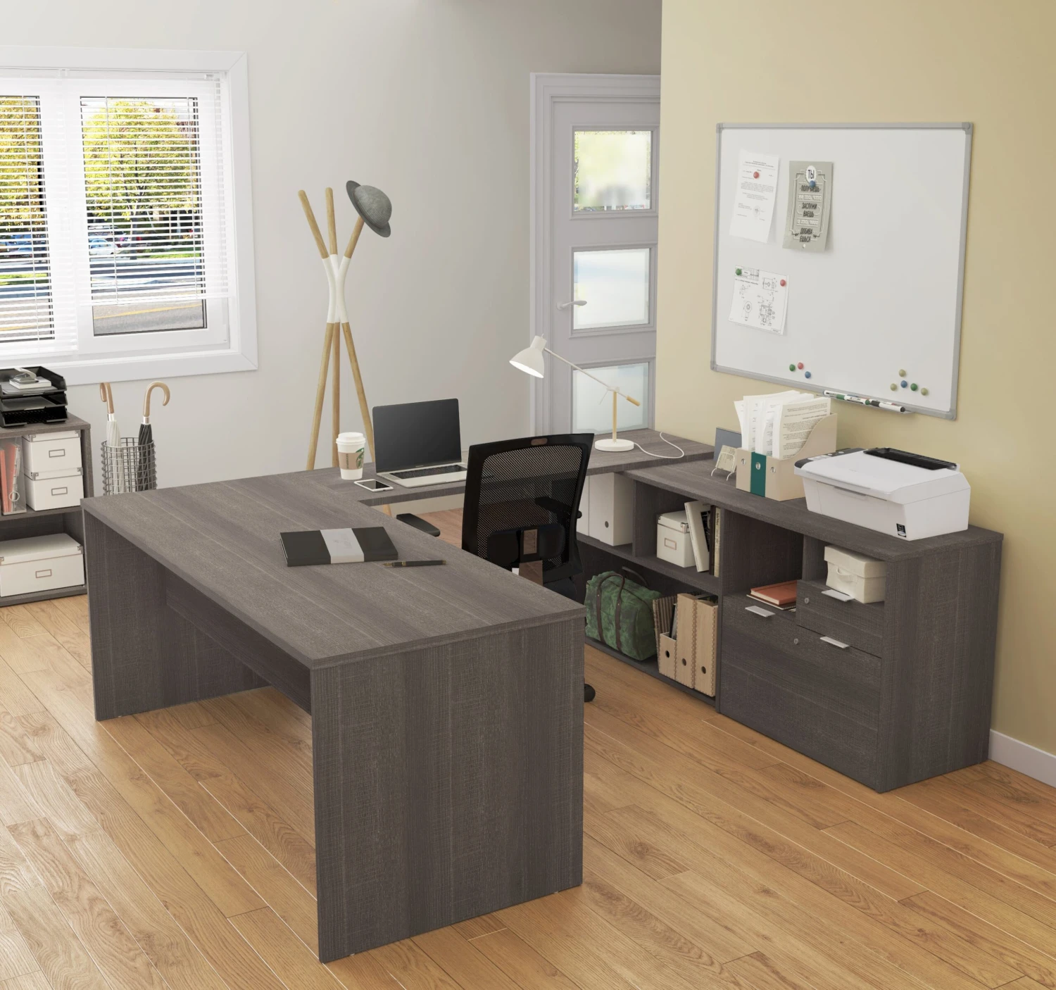 Modern U-Shaped Office Desk In Bark Gray With Credenza 1 Modern U-Shaped Office Desk In Bark Gray With Credenza