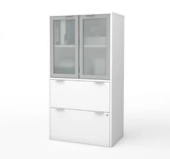 Premium White File Cabinet & Storage Hutch With Frosted Glass Doors