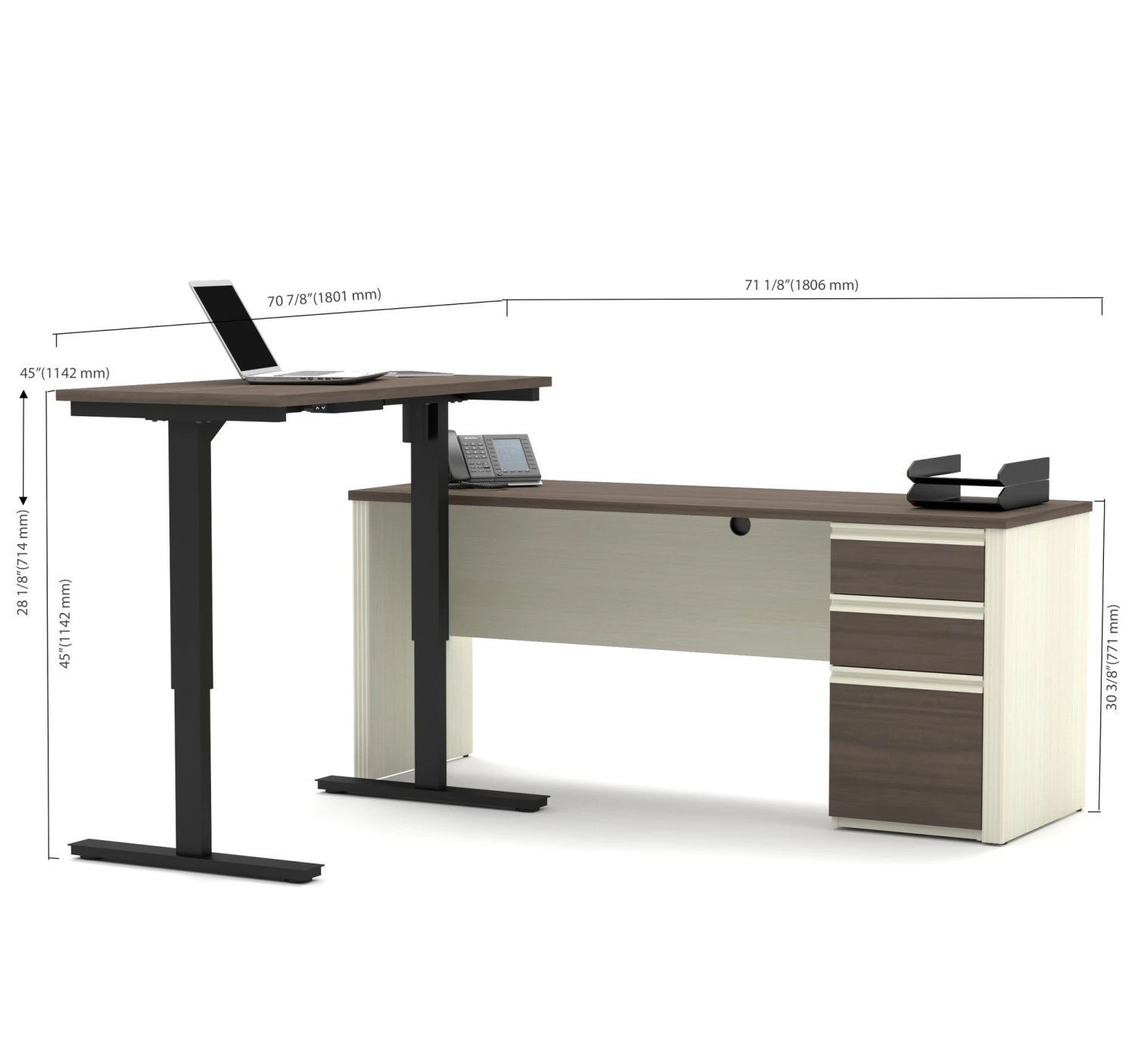 White & Antigua Single Ped Desk & 48" Height-Adjustable Side 4 White & Antigua Single Ped Desk & 48" Height-Adjustable Side - Image 4