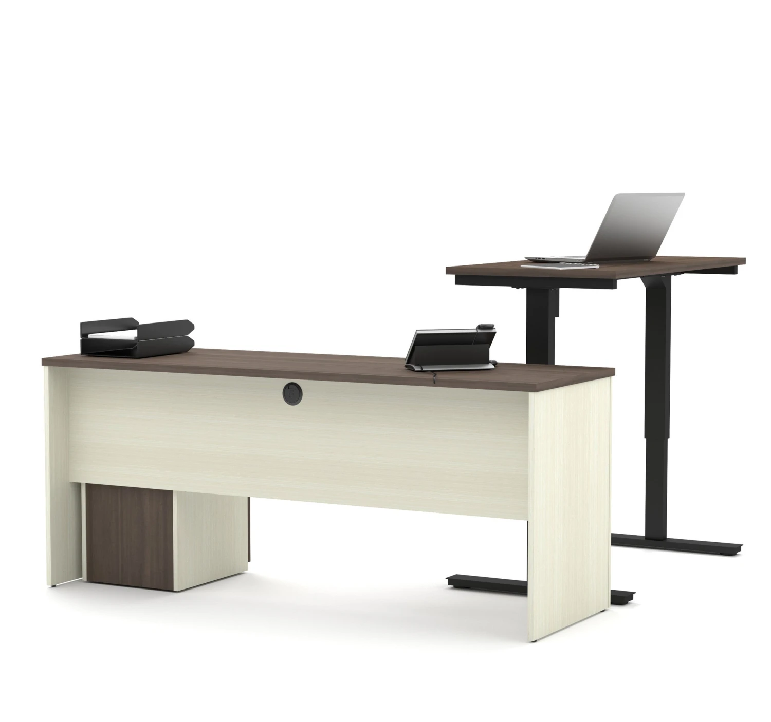 White & Antigua Single Ped Desk & 48" Height-Adjustable Side 3 White & Antigua Single Ped Desk & 48" Height-Adjustable Side - Image 3