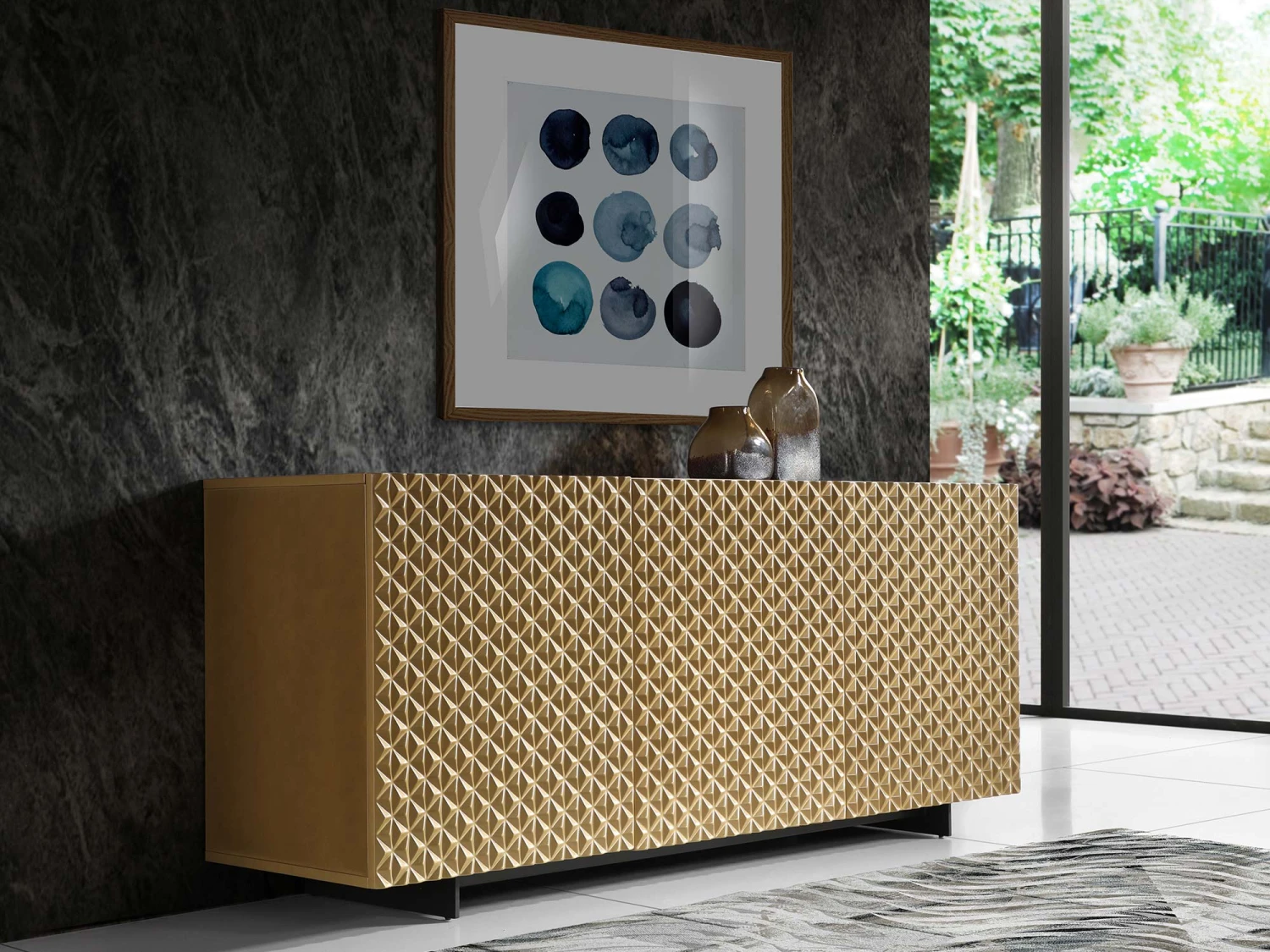 70" Gloss Gold Credenza With Textured Front 1 70" Gloss Gold Credenza With Textured Front