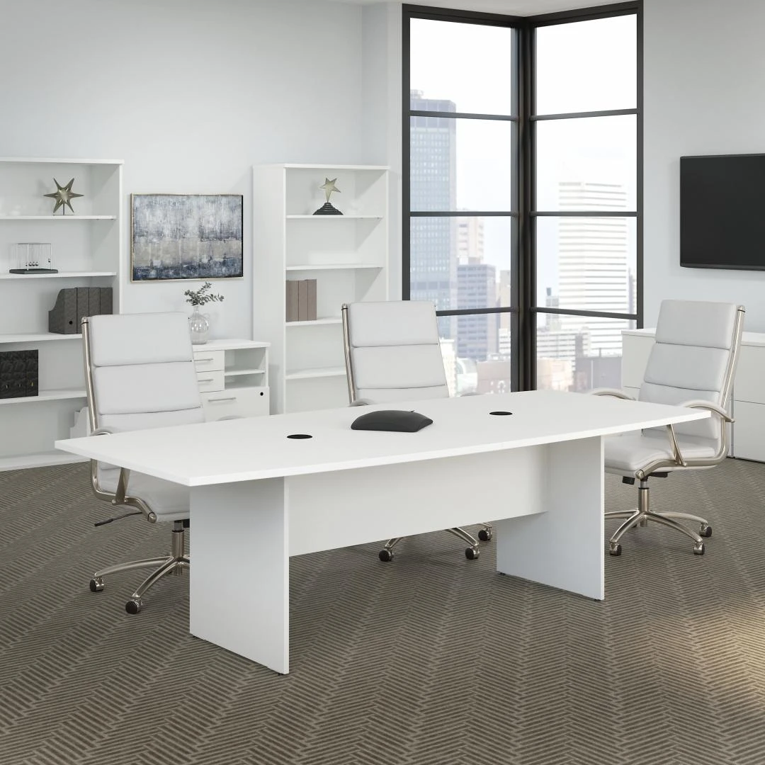 96" X 42" Boat-Shaped White Conference Table With Wood Base 1 96" X 42" Boat-Shaped White Conference Table With Wood Base