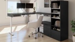 88" L-Shaped Modern Adjustable Black Desk With Twin Monitor Arms