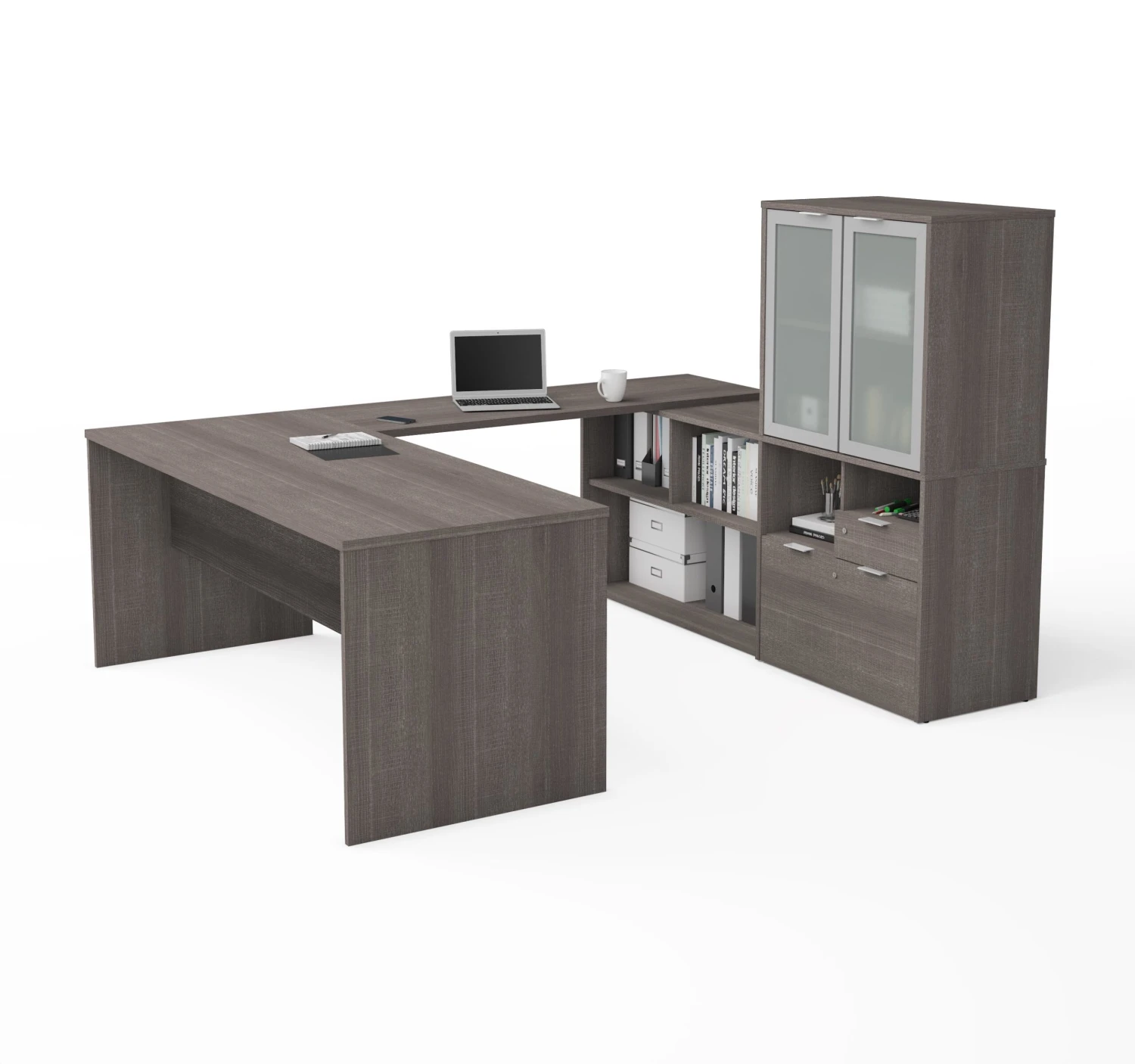 71" X 88" U-Shaped Desk In Bark Gray With Frosted Hutch 2 71" X 88" U-Shaped Desk In Bark Gray With Frosted Hutch - Image 2