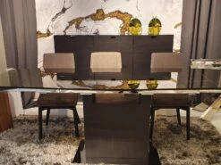 Dark Gray Oak High Gloss Lacquer 71" Credenza With Stainless Base