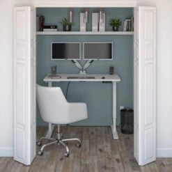 48" Satin White Adjustable Desk With Dual Monitor Arms