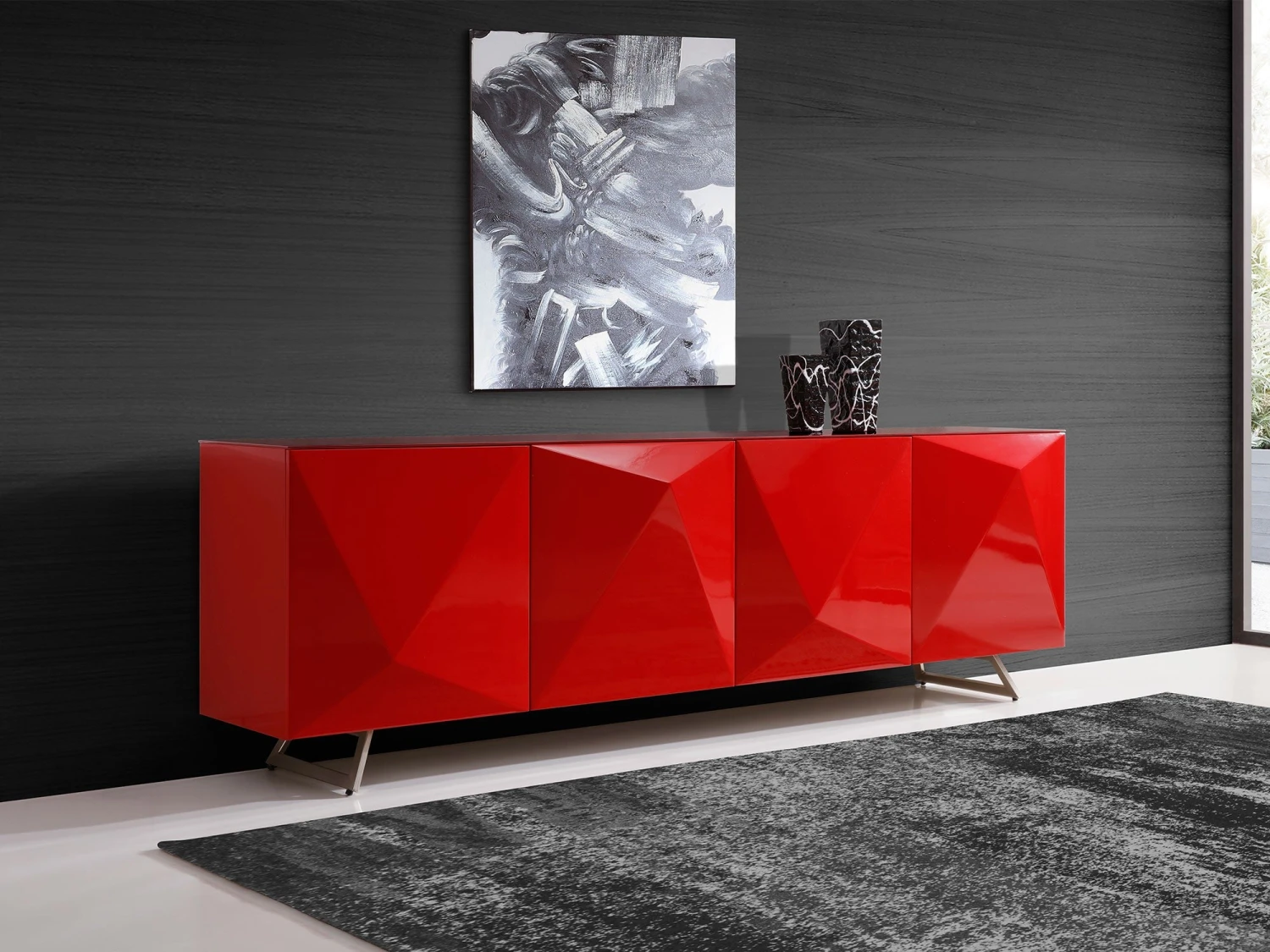Modern 94" Red Storage Credenza W/ Glass Top 1 Modern 94" Red Storage Credenza W/ Glass Top