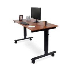 Luxor 59" Sit-Stand Teak Office Desk W/ Wheels -Home Decor Shop standcf60 bk tk 60in crank adjustable stand up desk black frame teak top angled propped lowered 2