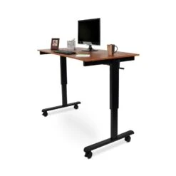 Luxor 59" Sit-Stand Teak Office Desk W/ Wheels -Home Decor Shop standcf60 bk tk 60in crank adjustable stand up desk black frame teak top angled propped raised 3