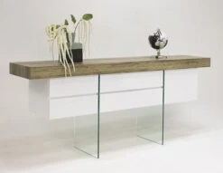 78" Rustic Brown Oak & White Lacquer Credenza With Glass Legs