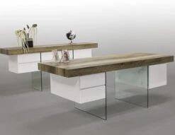 Modern Rustic Brown Oak & White Lacquer 78" Desk With Glass Legs