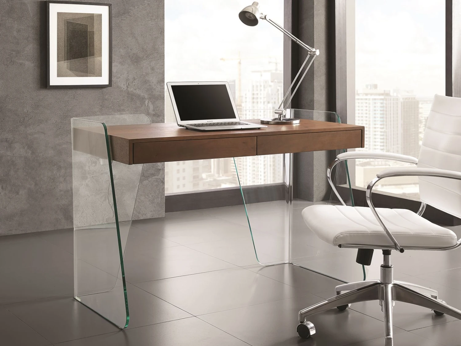 Glass-sided Office Desk With Walnut Top And Inset Drawers 1 Glass-sided Office Desk With Walnut Top And Inset Drawers