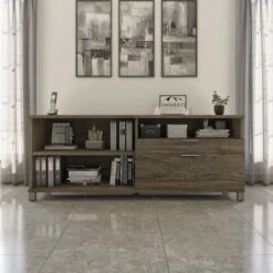 Modern 71" Credenza With File Drawer In Walnut Gray