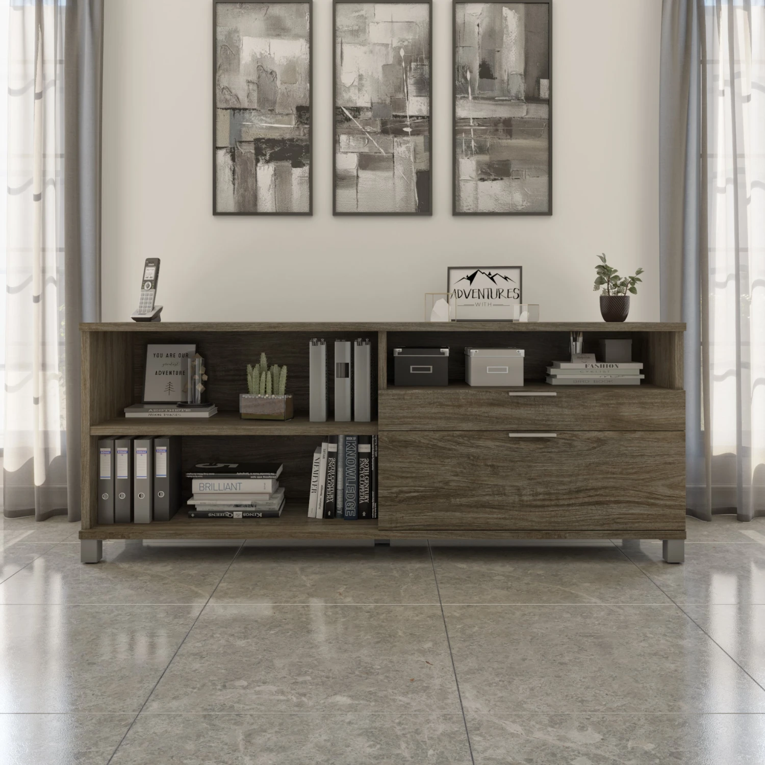 Modern 71" Credenza With File Drawer In Walnut Gray 1 Modern 71" Credenza With File Drawer In Walnut Gray