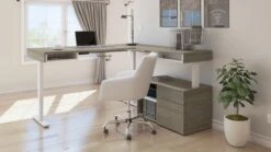 72" L-Shaped Adjustable Ergonomic Desk With Small Credenza In Walnut Gray