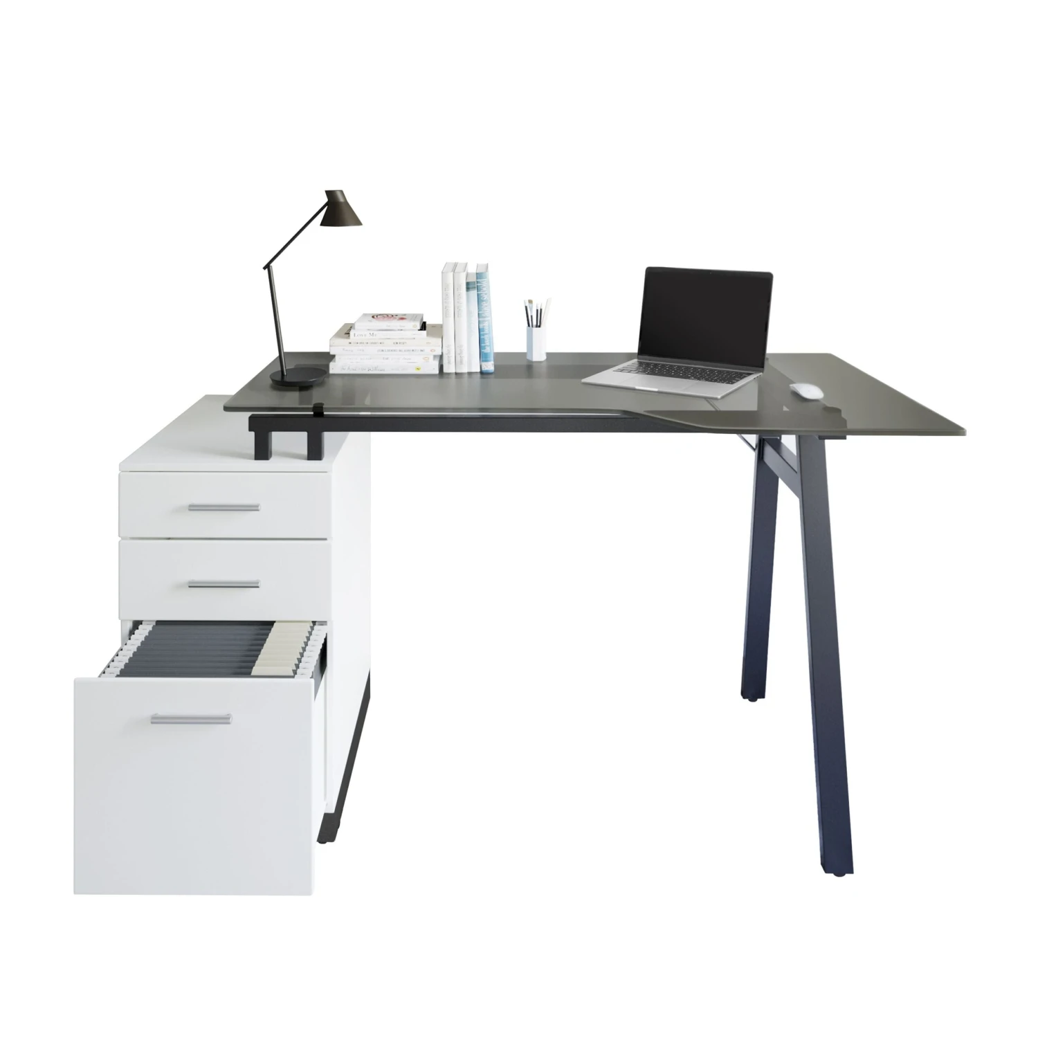60" White & Glass Desk With Built-in File 2 60" White & Glass Desk With Built-in File - Image 2