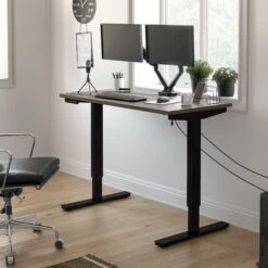 48" Adjustable Desk With Twin Monitor Support In Bark Gray & Black