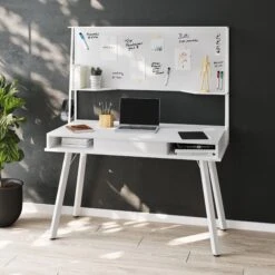 47" White Modern Desk With Built-in Whiteboard